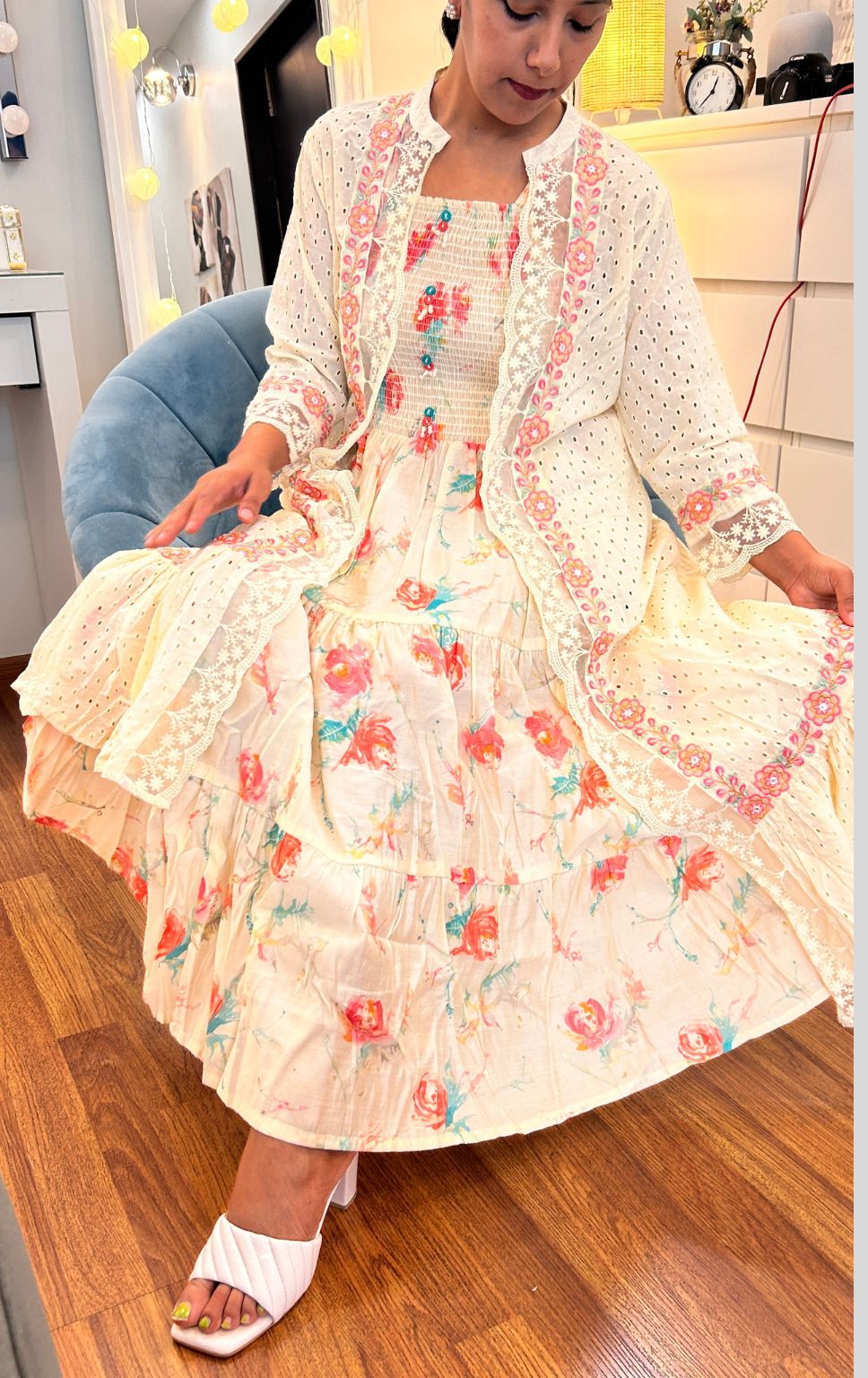 Schiffli white floral dress